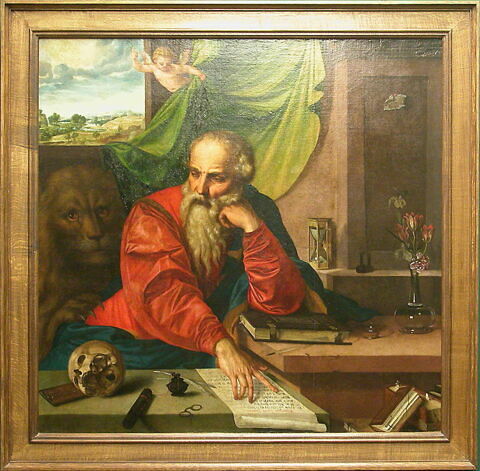 Saint Jérôme en méditation, avec son lion, tête de mort, livres, vase de fleurs et sablier, image 2/2