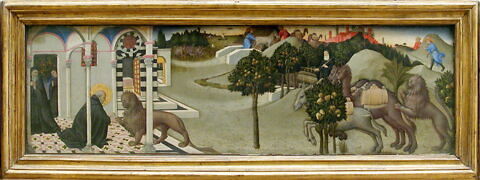 Saint Jérôme enlève une épine de la patte du lion. Deux voleurs dérobent l'âne du couvent que le lion ramène avec deux chameaux chargés de marchandises, image 4/6
