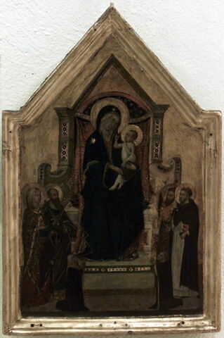 La Vierge et l'Enfant sur un trône entourés de quatre saints (à gauche, une sainte non identifiée et saint Paul, à droite, saint Pierre [ou saint Barthélémy ?] et saint Dominique) ; à la partie inférieure, deux donateurs agenouillés, image 3/3