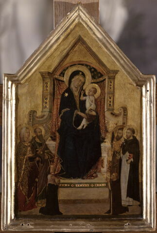 La Vierge et l'Enfant sur un trône entourés de quatre saints (à gauche, une sainte non identifiée et saint Paul, à droite, saint Pierre [ou saint Barthélémy ?] et saint Dominique) ; à la partie inférieure, deux donateurs agenouillés, image 2/3