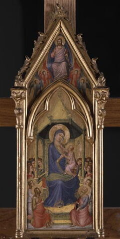 La Vierge et l'Enfant sur un trône entre des anges et quatre saints (Jean Baptiste et Jean l'Évangéliste à gauche, deux autres saints à droite) ; à l'intérieur du gâble, Dieu le Père dans une mandorle entouré de quatre séraphins., image 3/3