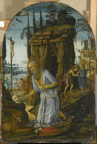 Saint Jérôme dans le désert ; A l'arrière-plan, la rencontre entre le Christ et saint Jean Baptiste enfants, et l'appparition du Christ à saint Augustin, image 2/4