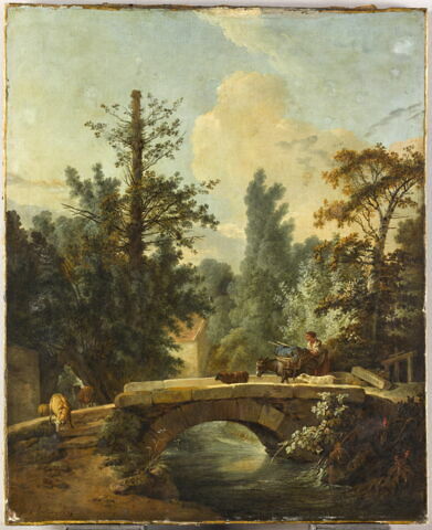 Paysanne et son âne traversant un pont. Ancien titre : Pont et jeune paysanne.
