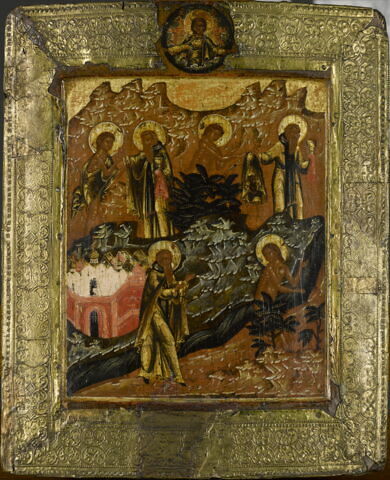 Scènes de la vie de saint Zosime et de sainte Marie l’Égyptienne :
dans la partie inférieure, à côté du monastère de Zosime situé en bordure du Jourdain, la rencontre au désert du moine âgé et de Marie l’Égyptienne ; au-dessus, de droite à gauche, le don par Zosime de son manteau pour cacher la nudité de la pénitente, puis la communion de sainte Marie l’Égyptienne.