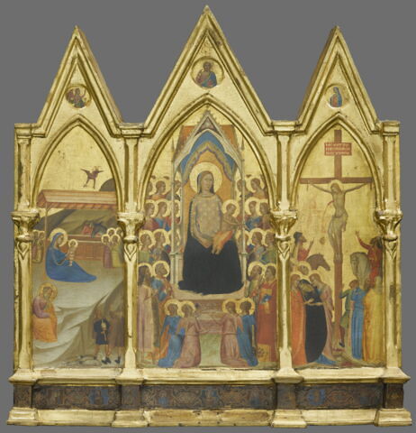 Triptyque fixe : au centre, La Vierge et l'Enfant entourés de vingt anges et de quatre saints (Jean Baptiste et Pierre d'une part, Paul et Laurent [?] de l'autre); à gauche, La Nativité ; à droite, La Crucifixion ; à l'intérieur des gâbles, médaillons polylobés contenant l'Ange de l'Annonciation, Dieu le Père, la Vierge de l'Annonciation