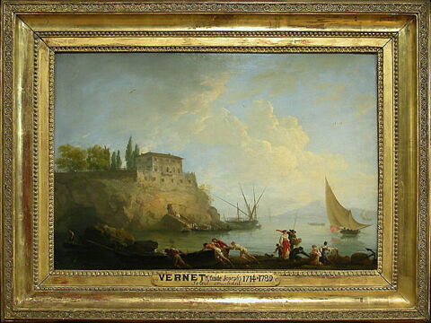 Marine, soleil couchant; pêcheurs poussant une barque, image 3/4
