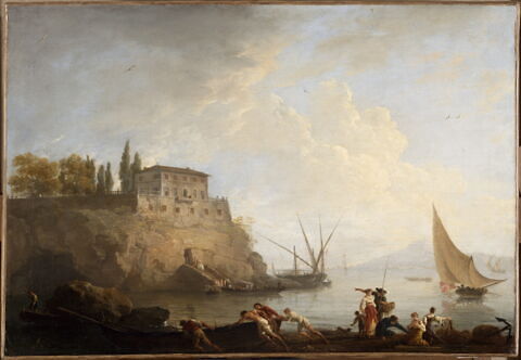 Marine, soleil couchant; pêcheurs poussant une barque, image 4/4