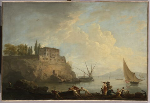 Marine, soleil couchant; pêcheurs poussant une barque