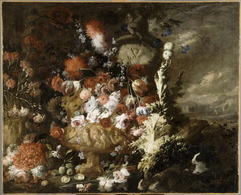 Vase de fleurs et fruits dans un paysage, image 12/12