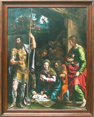 L'Adoration des bergers entre saint Jean l'Évangéliste et saint Longin (dans la partie supérieure, l'Annonce aux bergers), image 2/4