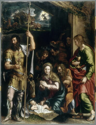 L'Adoration des bergers entre saint Jean l'Évangéliste et saint Longin (dans la partie supérieure, l'Annonce aux bergers), image 3/4