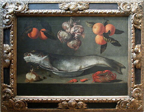 Nature morte au poisson avec crabe, crevettes, oignons et oranges, image 2/3