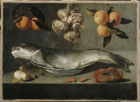 Nature morte au poisson avec crabe, crevettes, oignons et oranges, image 3/3