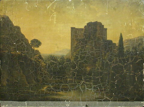 Paysage avec château en ruine et femme au bord de l'eau, image 2/2