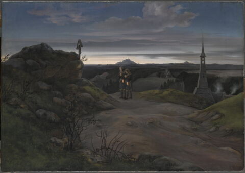 Paysage du Erzgebirge au petit matin, avec deux ouvriers de la mine en prière, avant de descendre dans le puits