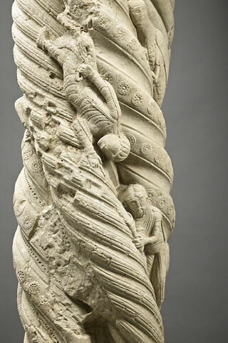 Colonne torse et chapiteau historiés : personnages et êtres fantastiques, Annonce aux bergers, Nativité, Sommeil des Mages, image 6/25