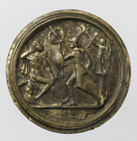 Plaquette : Un homme casqué s’avance vers un homme endormi
