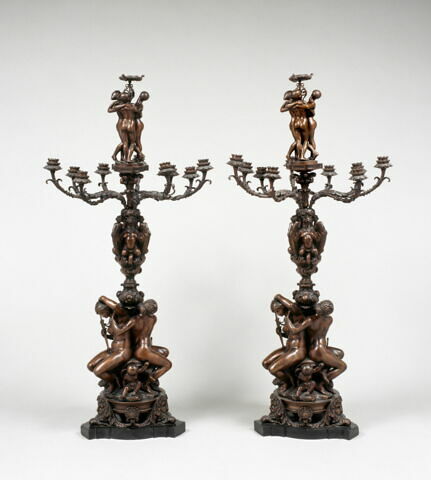 Paire de candélabres à neuf lumières, six figures, mascarons et chimères