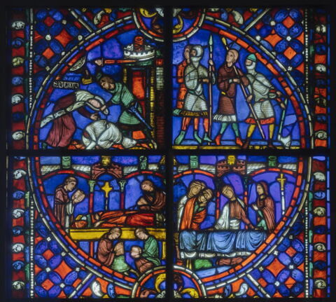 Vitrail, médaillon supérieur : scènes de l'histoire de saint Nicaise avec martyre de sainte Eutropie, départ des soldats vandales, veillée des corps des deux saints, image 2/6