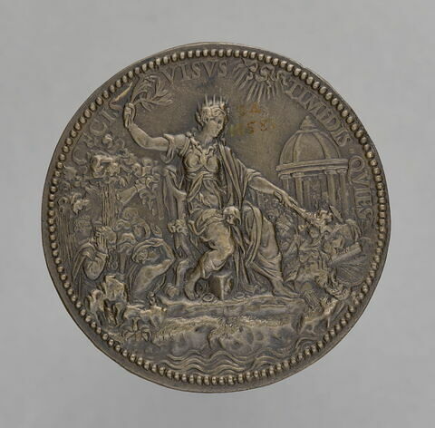 Médaille : Marie Tudor, reine d'Angleterre (1516-1558) / une femme assise avec un rameau et une torche, image 2/2