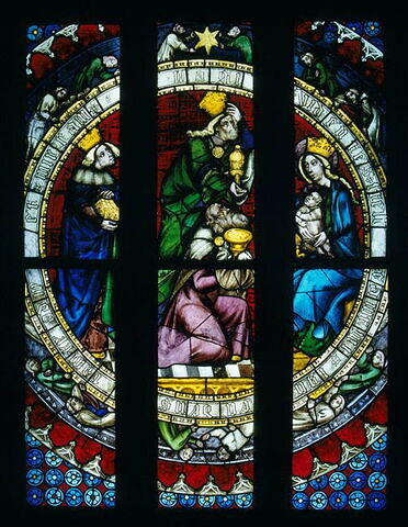 Vitrail composé de six panneaux : Adoration des Mages