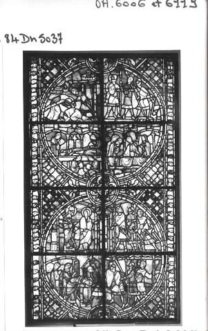 Vitrail, médaillon inférieur : scènes de l'histoire de saint Nicaise avec saint Nicaise et sainte Eutropie se dirigeant vers la cathédrale de Reims, arrivée des Vandales, martyre de saint Nicaise, image 16/17