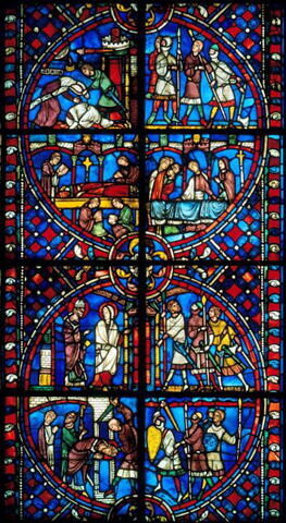 Vitrail, médaillon inférieur : scènes de l'histoire de saint Nicaise avec saint Nicaise et sainte Eutropie se dirigeant vers la cathédrale de Reims, arrivée des Vandales, martyre de saint Nicaise, image 4/17