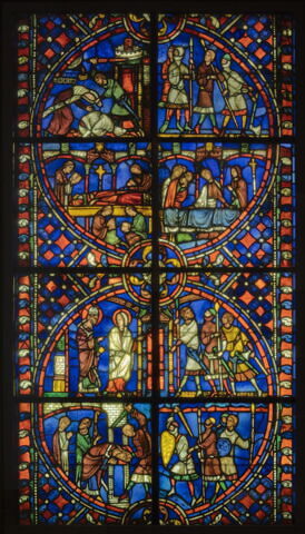 Vitrail, médaillon inférieur : scènes de l'histoire de saint Nicaise avec saint Nicaise et sainte Eutropie se dirigeant vers la cathédrale de Reims, arrivée des Vandales, martyre de saint Nicaise, image 2/17