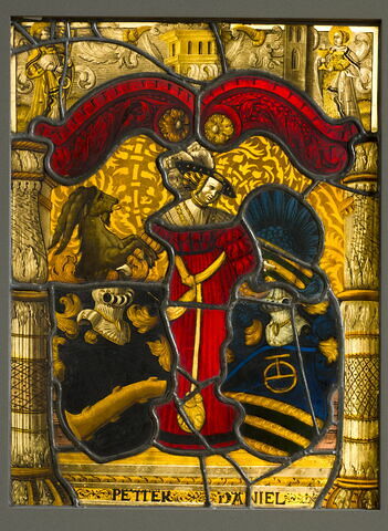 Panneau rectangulaire aux armes de Peter Tammann et de Barbe von Fleckenstein
Dans les angles supérieurs : saint Pierre et sainte Barbe