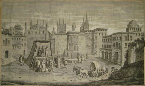 Panorama de Burgos avec en fond la cathédrale (d'une suite de "vues d'Espagne", quatre pièces exécutées en grisaille)