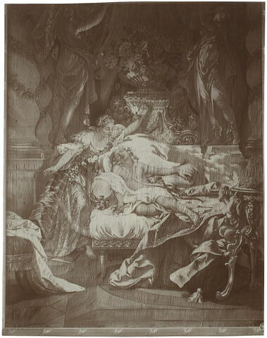 Psyché contemplant l'Amour endormi, de la tenture tissée pour le salon de compagnie du fermier général Pierre-Isaac Marquet de Peyre, image 2/2