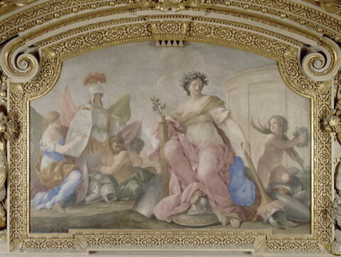 Plafond : Salon de la paix : La Paix mettant le feu à un monceau d'armes (ou la Paix), au dessus de la corniche, côté sud., image 4/5