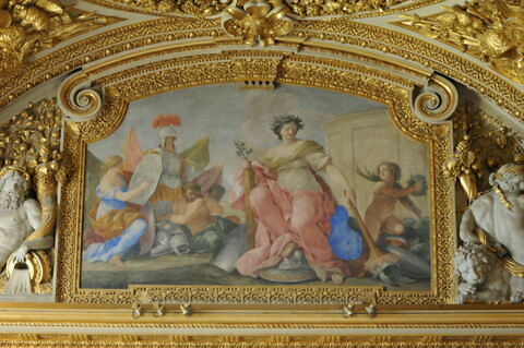 Plafond : Salon de la paix : La Paix mettant le feu à un monceau d'armes (ou la Paix), au dessus de la corniche, côté sud., image 3/5