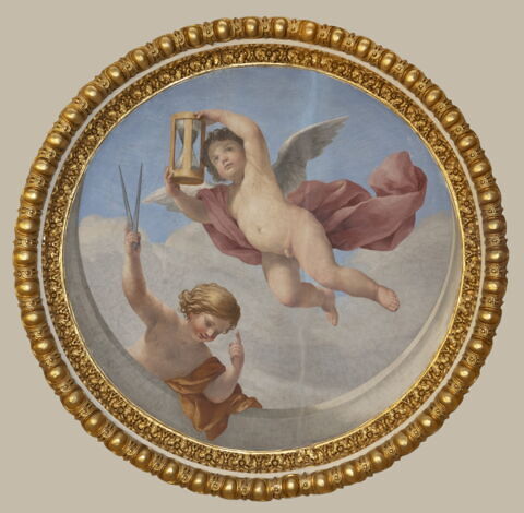 Plafond : Salle des Antonins - Les Génies du Temps (deux Amours tenant l'un un compas, l'autre un sablier), sur la voûte, côté est au centre, image 3/6