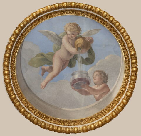 Plafond : Salle des Antonins - Les Génies des Eaux (deux Amours dont l'un verse de l'eau dans un récipient), sur la voûte côté ouest, au nord., image 3/6