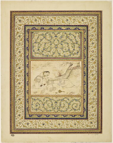 Jeune homme ivre et son compagnon ; dessin remonté dans une marge enluminée