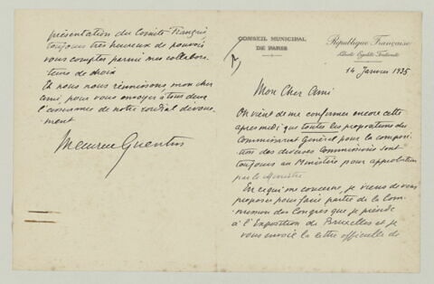 LAS Maurice Quentin à Charles Fegdal, 14 janvier 1935