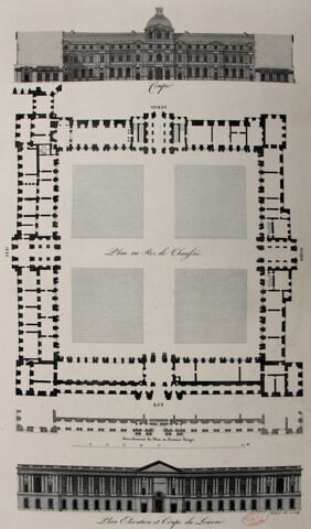 Plan, élévation et coupe du Louvre
