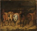 Cinq chevaux vus par la croupe, dans une écurie, image 1/4