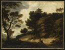 Lisière de forêt avec des hommes cheminant, image 1/2