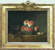 Panier de pêches, avec noix, couteau et verre de vin., image 2/2