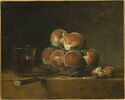 Panier de pêches, avec noix, couteau et verre de vin., image 1/2