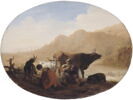 Les Pâtres: femme trayant une chèvre et joueur de flûte, image 6/8