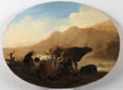 Les Pâtres: femme trayant une chèvre et joueur de flûte, image 2/8