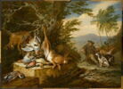 Gibier près d'un arbre et chasseur sonnant de la trompe, image 1/6