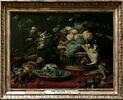 Singes et perroquet  auprès d'une corbeille de fruits, image 2/3