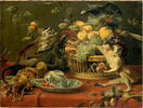 Singes et perroquet  auprès d'une corbeille de fruits, image 3/3