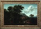 Paysage aux grands arbres avec des animaux près d'un gué, image 2/3