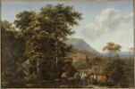 Paysage aux grands arbres avec des animaux près d'un gué, image 3/3