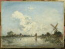Cours d’eau en Hollande avec barque et moulin, image 1/2